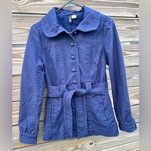 H&M Sweden Women’s Blue Jacket 100% Cotton Button Down Belted Size EU 36 US SZ S